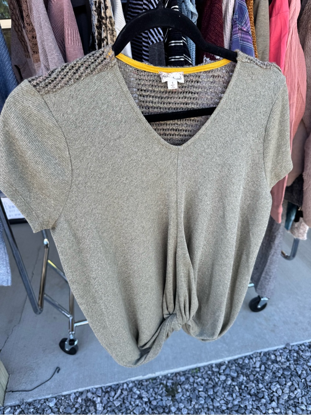 Hem & Thread Olive Green V‑Neck Knot Front Short Sleeve Top